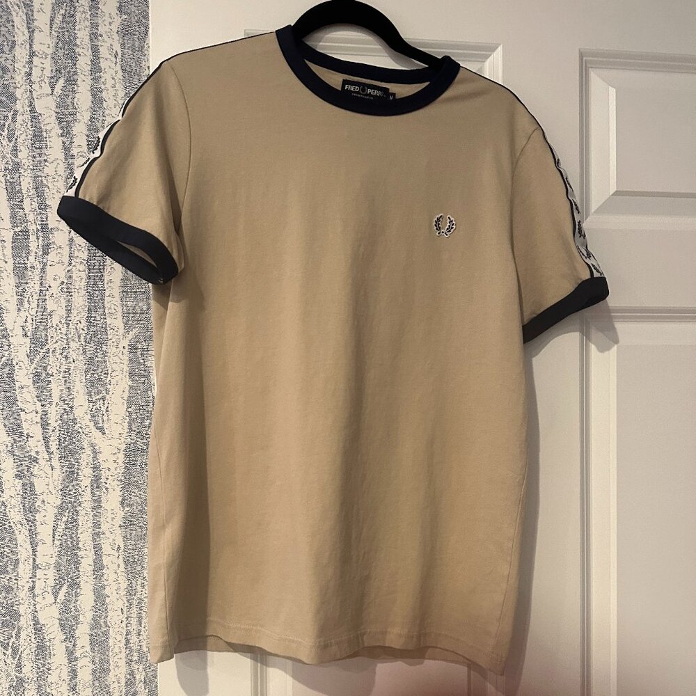 Fred Perry men's shirt tan with navy.  Size M.  New with tags.